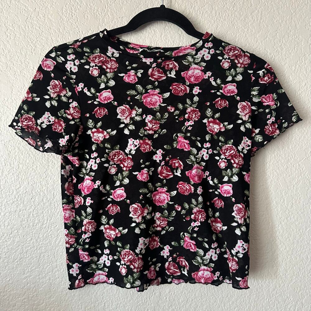 Reformation Floral Buffie Short Sleeve Crop Top Black Pink Small - Picture 2 of 4